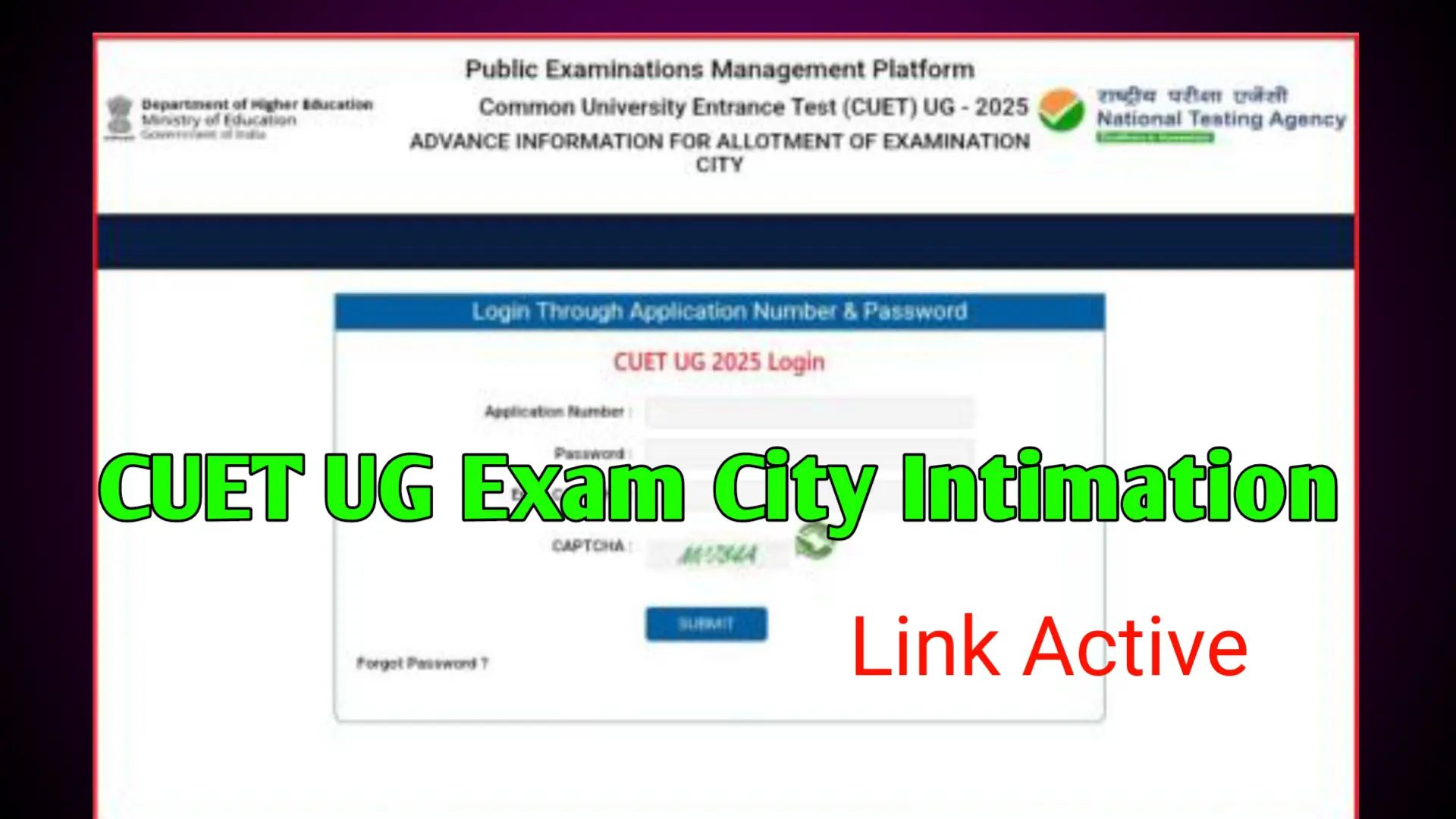 CUET UG Exam 2025 City Intimation